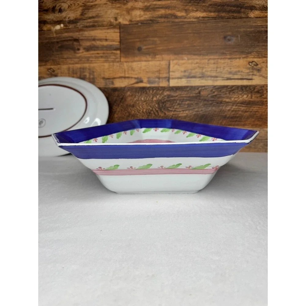 Herend Village Pottery Peach Tree Platter & Triangle Bowl Set Blue Pink‎